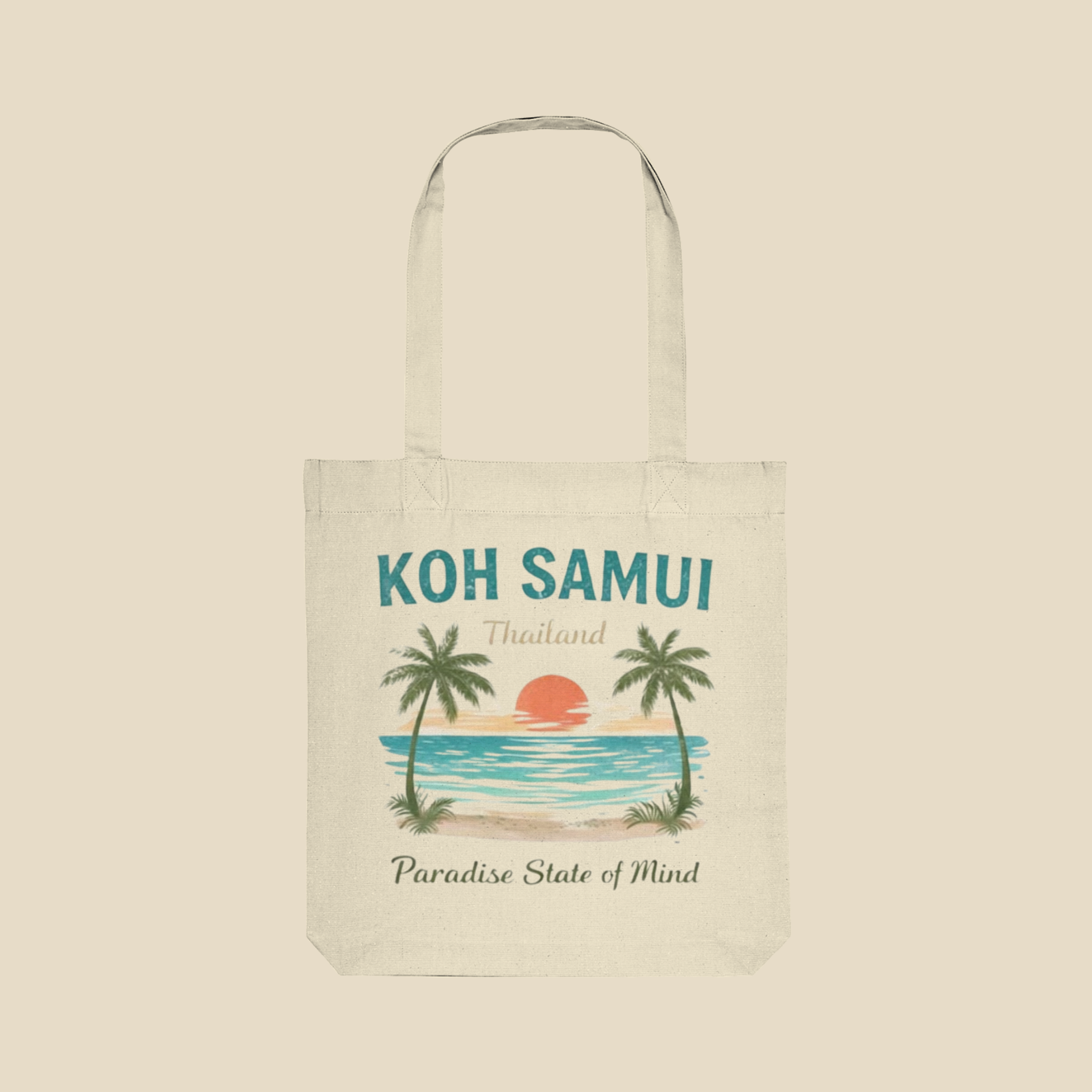 Bio Stofftasche in Natur mit Koh Samui Thailand Motiv auf der Vorderseite vor hellem Hintergrund.