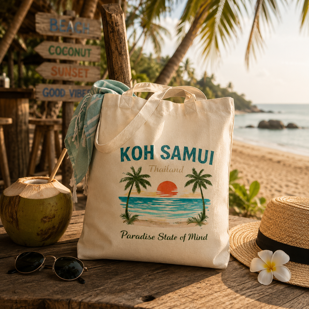 Bio Stofftasche mit Koh Samui Thailand Motiv auf einem Holztisch in einer tropischen Beachbar mit Kokosnuss, Sonnenhut, Sonnenbrille und Strand im Hintergrund.