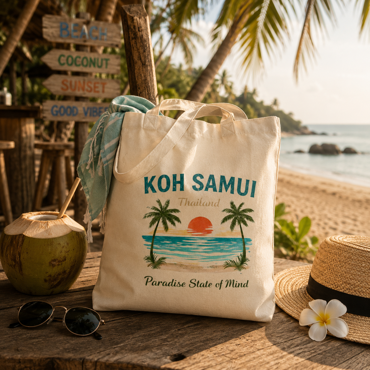 Bio Stofftasche mit Koh Samui Thailand Motiv auf einem Holztisch in einer tropischen Beachbar mit Kokosnuss, Sonnenhut, Sonnenbrille und Strand im Hintergrund.