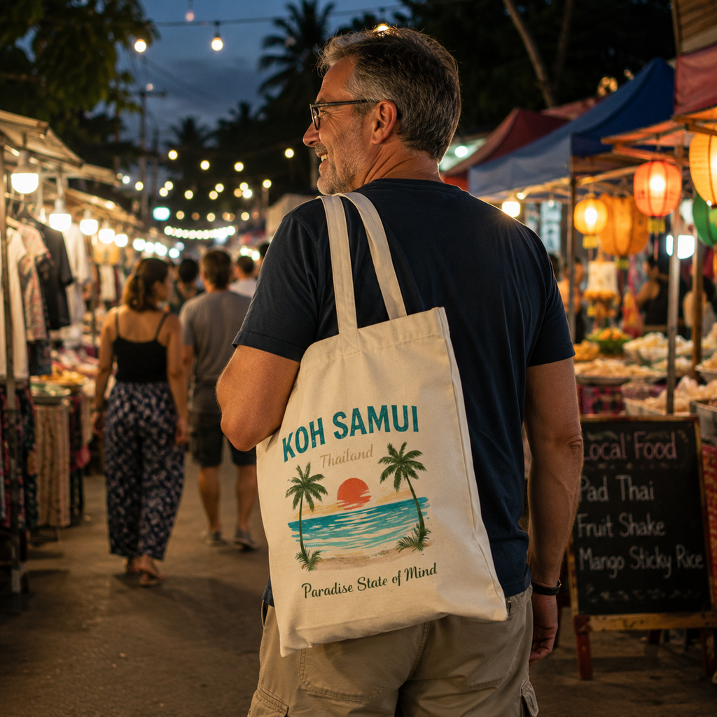Älterer Mann trägt eine Bio Stofftasche mit Koh Samui Thailand Motiv auf einem lebhaften Nachtmarkt in Thailand mit bunten Marktständen und tropischer Abendstimmung.