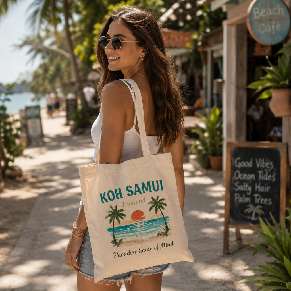 Junge Frau trägt eine Bio Stofftasche mit Koh Samui Thailand Motiv auf einer tropischen Walking Street mit Palmen, Cafés und Urlaubsatmosphäre.