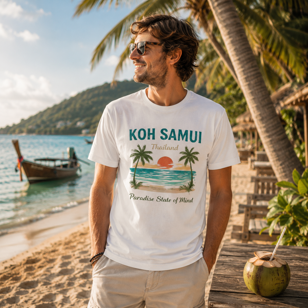 Mann trägt ein Bio T-Shirt mit Koh Samui Thailand Motiv an einem tropischen Strand mit Palmen, türkisblauem Meer und Longtailboot.