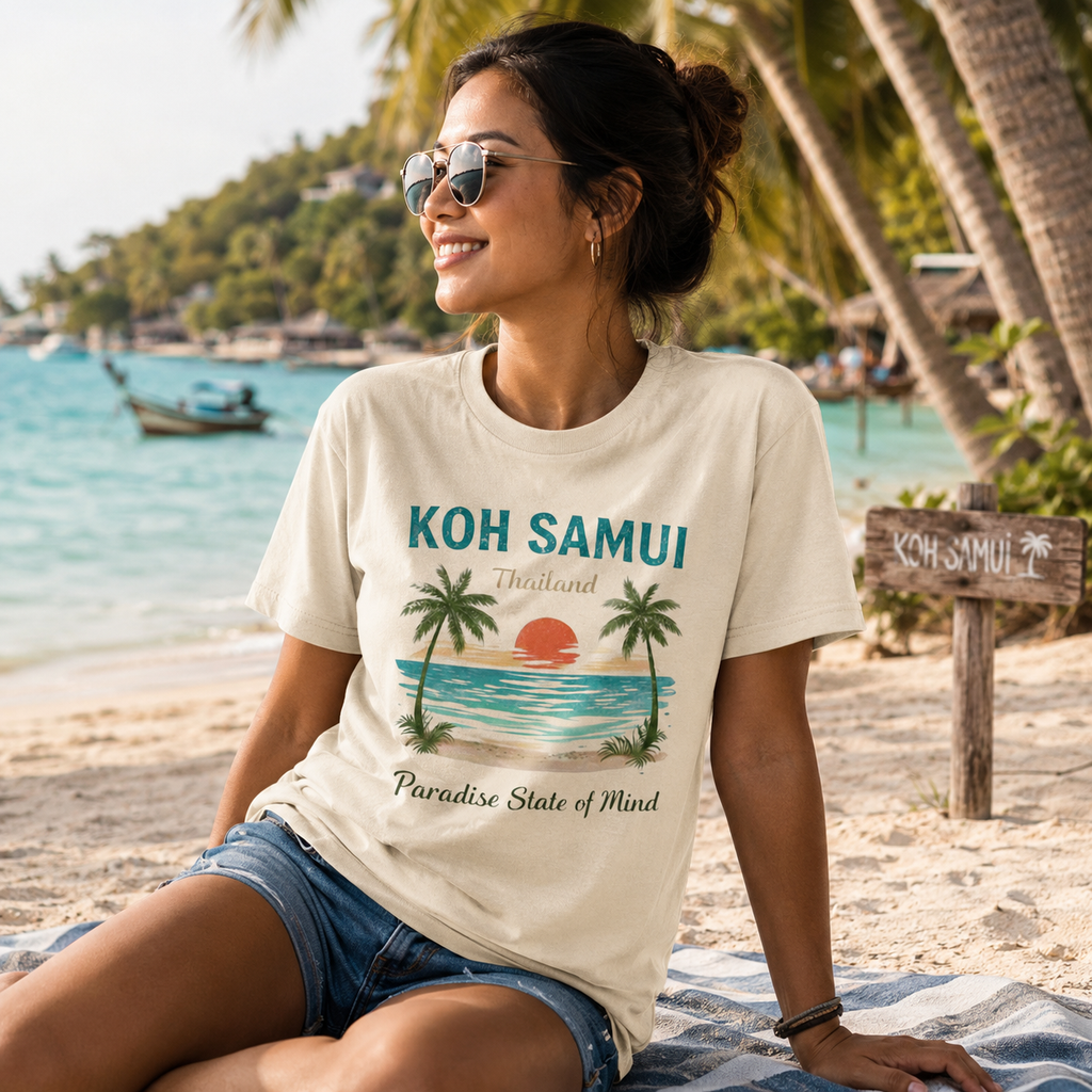 Lifestylebild eines Bio T-Shirts mit Koh Samui Thailand Motiv an einem tropischen Strand mit Palmen, türkisblauem Meer und Longtail-Boot.