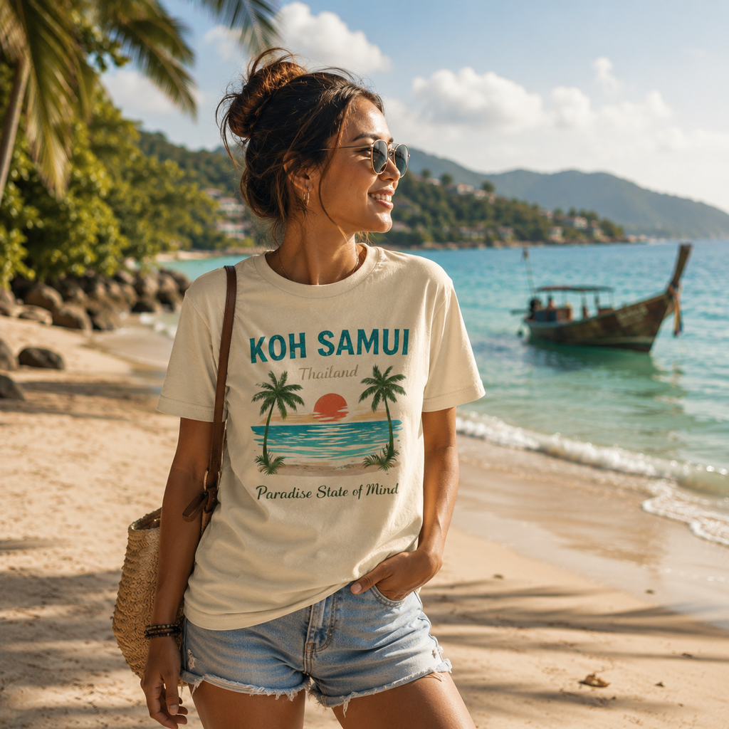 Person trägt ein Bio T-Shirt mit Koh Samui Thailand Motiv an einem tropischen Strand mit türkisblauem Meer, Palmen und Longtailboot.