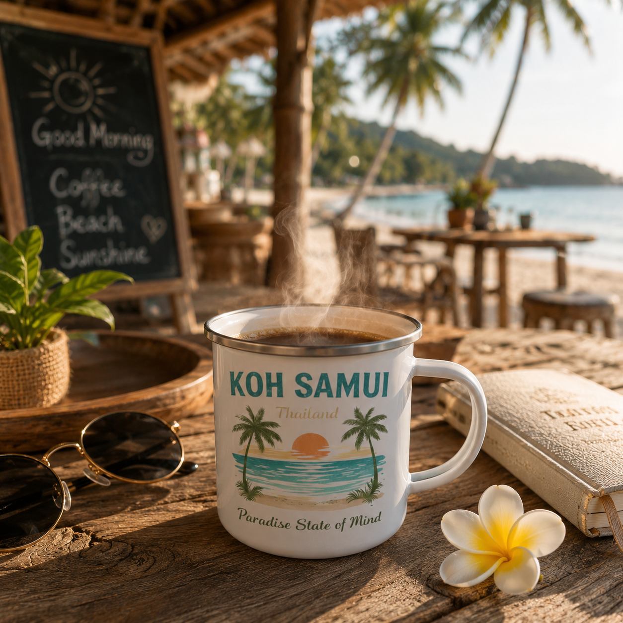 Weißer Emaillebecher mit Koh Samui Thailand Motiv und dampfendem Kaffee auf einem Holztisch in einer tropischen Beachbar am Morgen. Im Hintergrund befinden sich Palmen, Strand und türkisblaues Meer.