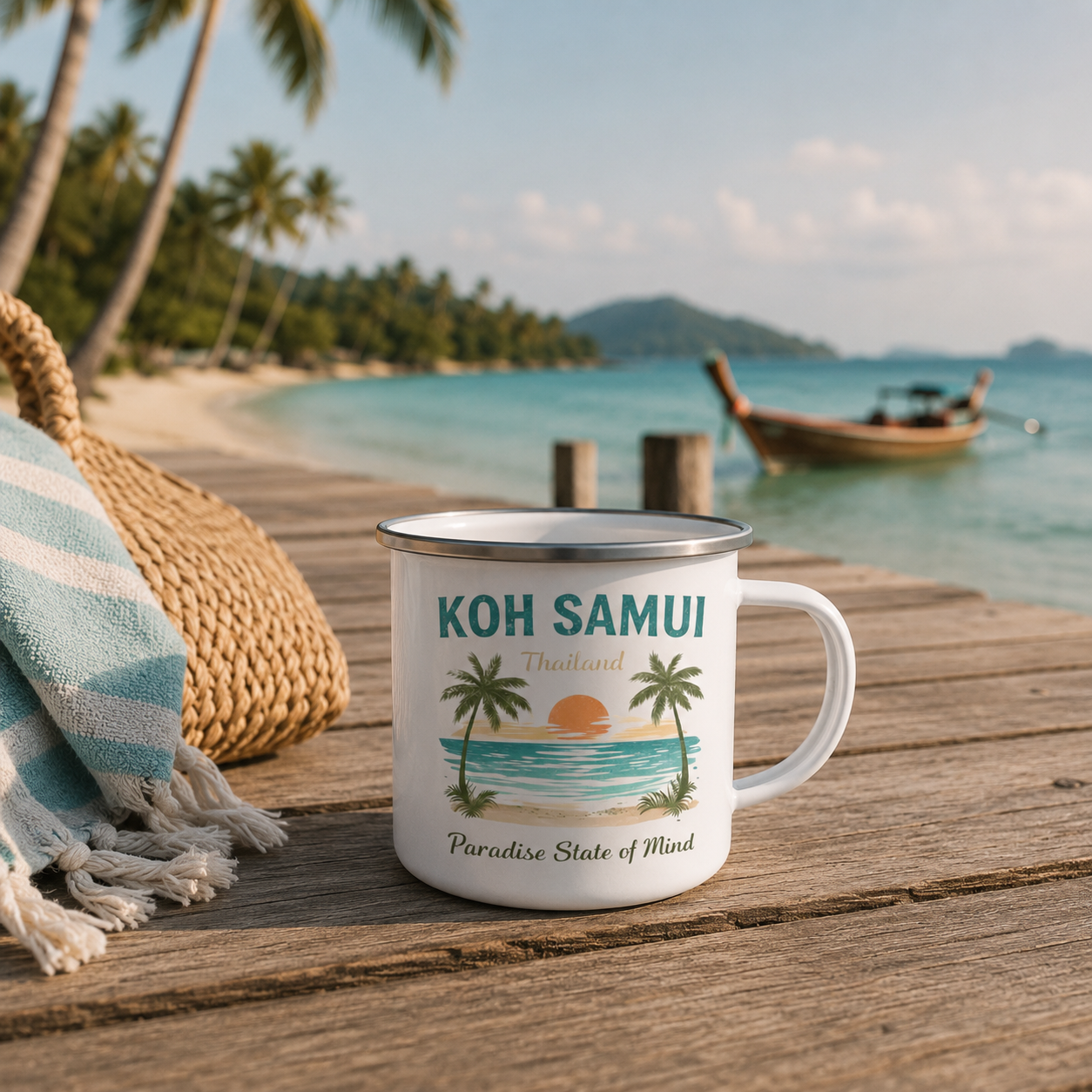 Weißer Emaillebecher mit Koh Samui Thailand Motiv auf einem Holzsteg an einem tropischen Strand mit Longtailboot, Palmen und türkisblauem Meer.