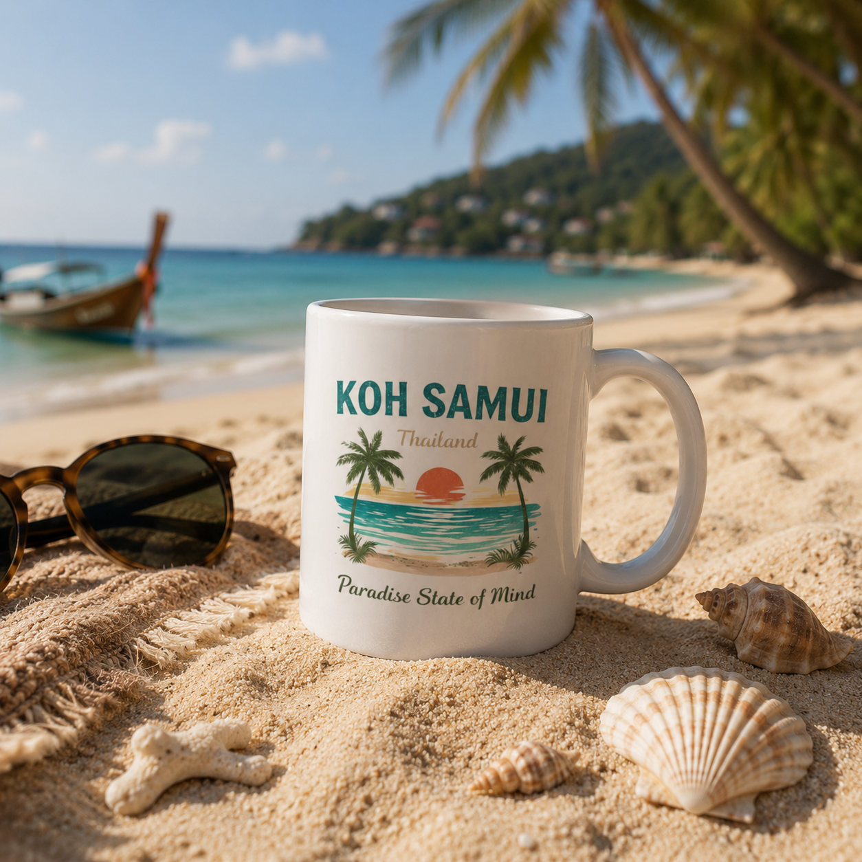 Weiße Keramiktasse mit Koh Samui Thailand Motiv im Sand an einem tropischen Strand mit Muscheln, Sonnenbrille, Palmen und türkisblauem Meer.