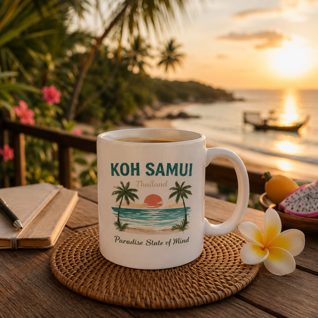 Weiße Keramiktasse mit Koh Samui Thailand Motiv auf einer tropischen Terrasse mit Meerblick, Palmen und Longtailboot bei Sonnenaufgang.