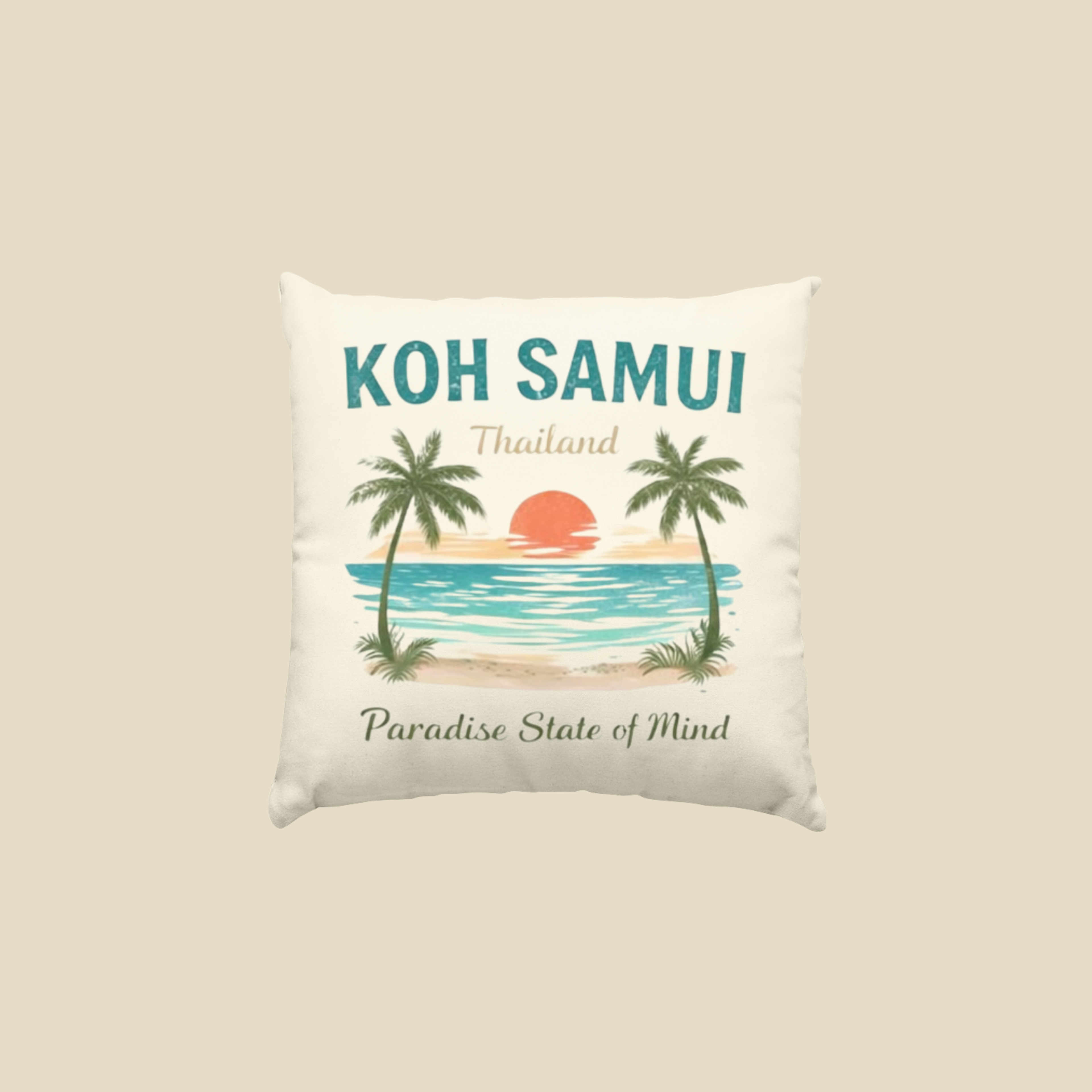 Dekokissen mit Koh Samui Thailand Motiv vor hellem Hintergrund.