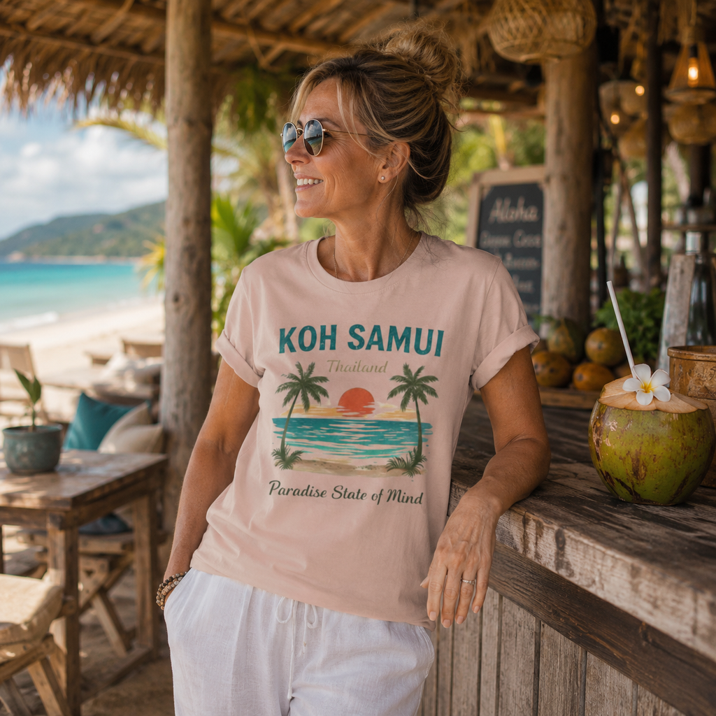 Frau mittleren Alters trägt ein rosafarbenes Bio Lady-Shirt mit Koh Samui Thailand Motiv in einer tropischen Beachbar direkt am Strand.