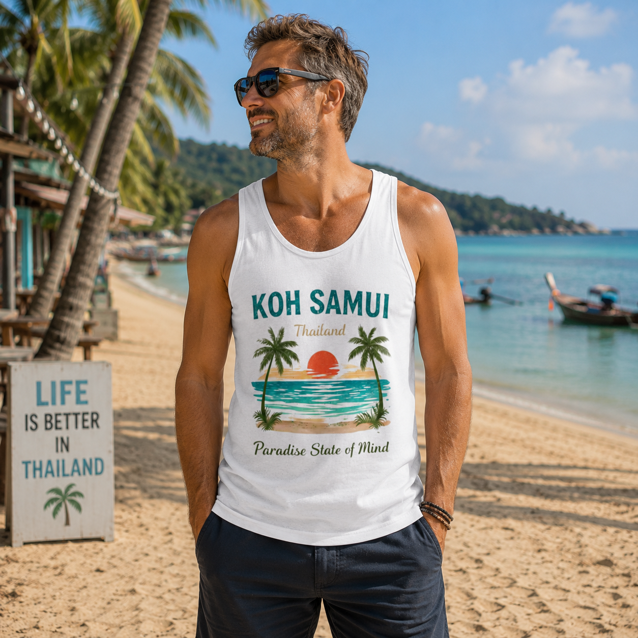 Mann trägt ein weißes Tanktop mit Koh Samui Thailand Motiv am tropischen Strand mit Palmen und türkisfarbenem Meer – Lifestylebild der Nomavé Koh Samui Kollektion.