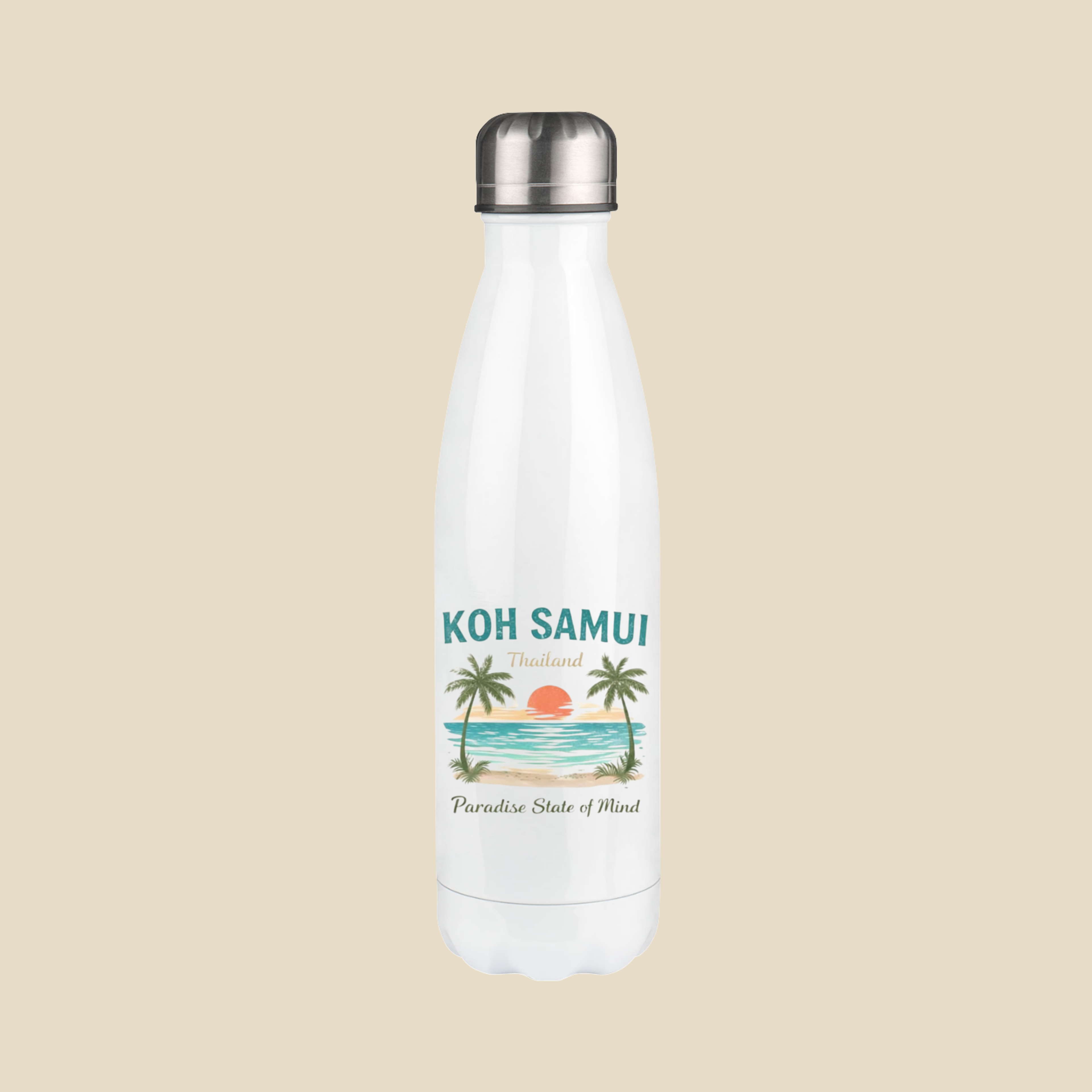 Weiße Edelstahl-Trinkflasche mit Koh Samui Thailand Motiv vor hellem Hintergrund.