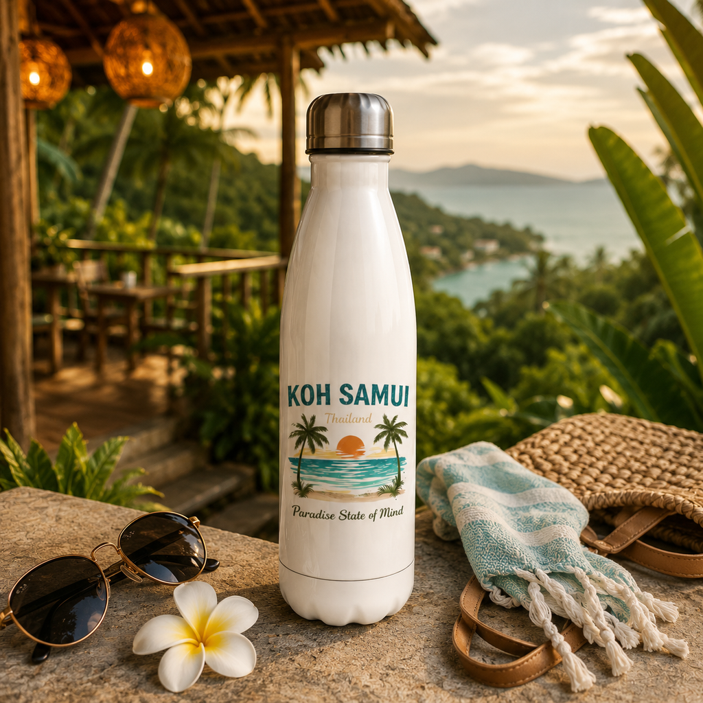 Weiße Edelstahl-Trinkflasche mit Koh Samui Thailand Motiv auf einer tropischen Terrasse mit Panoramablick über das Meer. Daneben liegen Sonnenbrille, Strandtuch und Strohtasche.