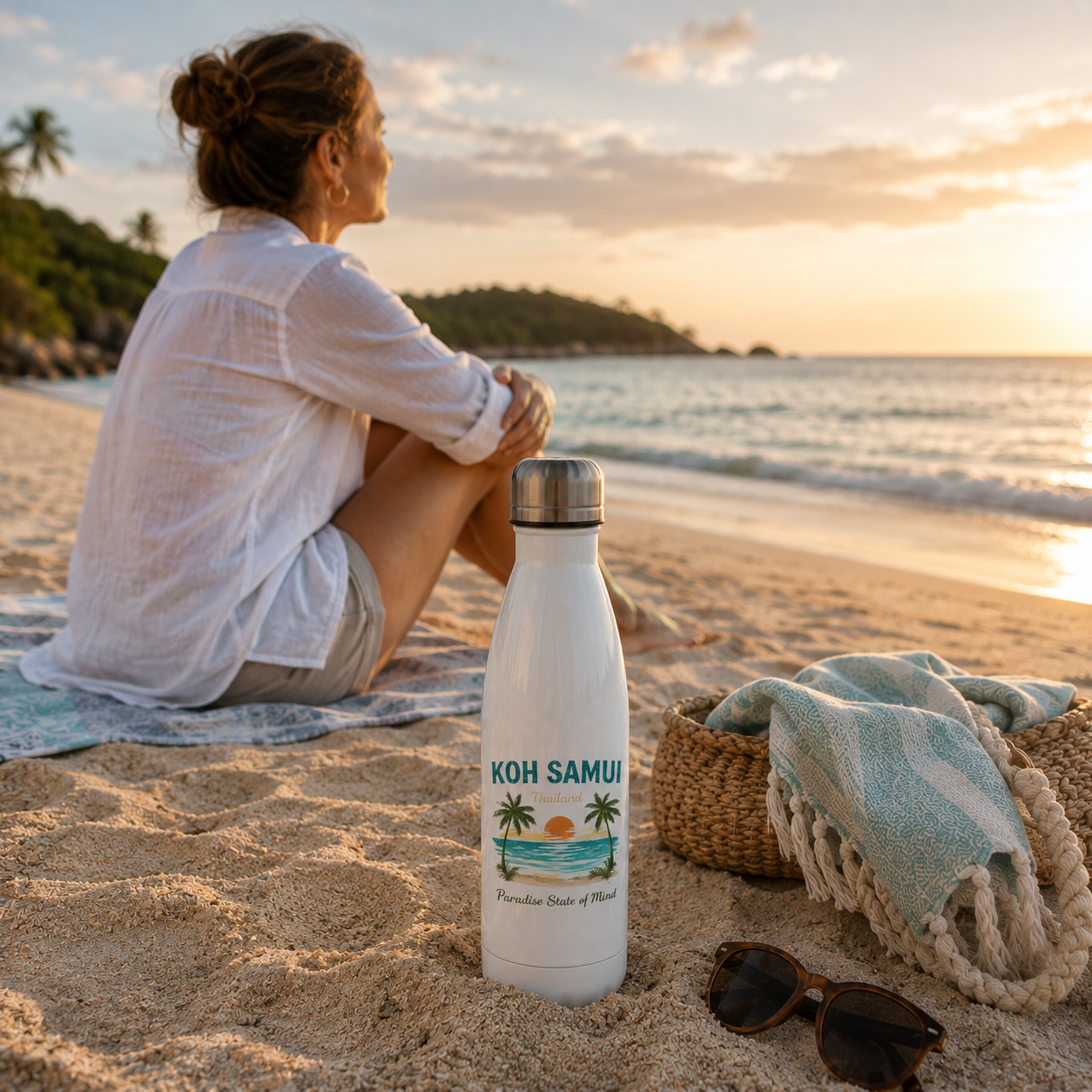Weiße Edelstahl-Trinkflasche mit Koh Samui Thailand Motiv im Sand an einem tropischen Strand. Eine Frau mittleren Alters sitzt daneben und blickt entspannt auf das türkisblaue Meer.