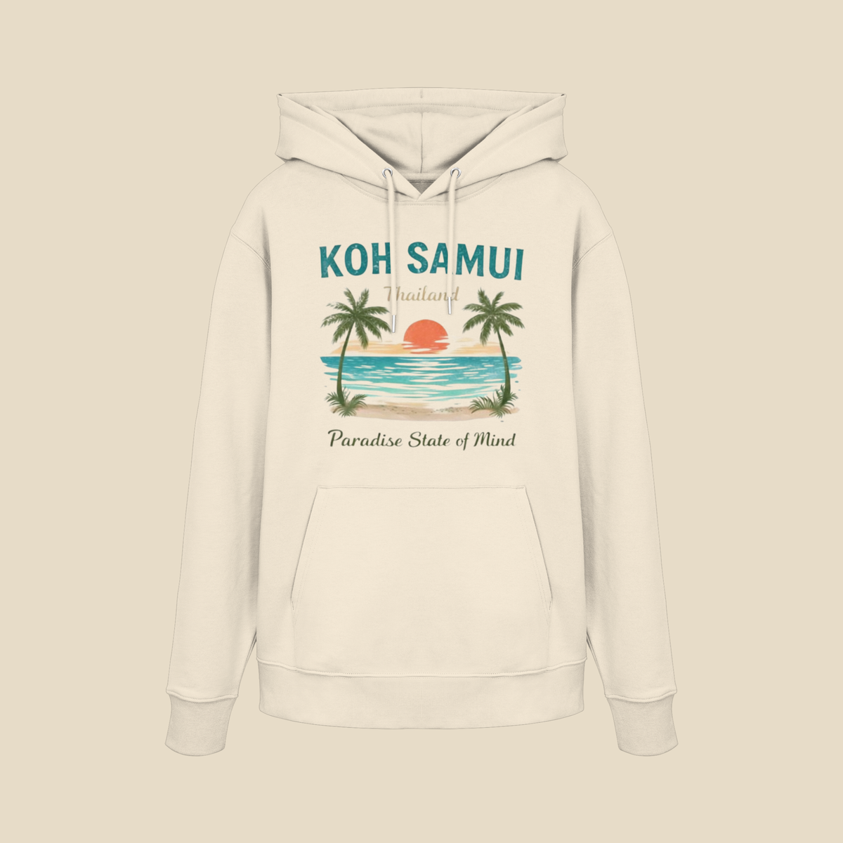 Bio Hoodie in Naturweiß mit Koh Samui Thailand Motiv auf der Vorderseite vor hellem Hintergrund.