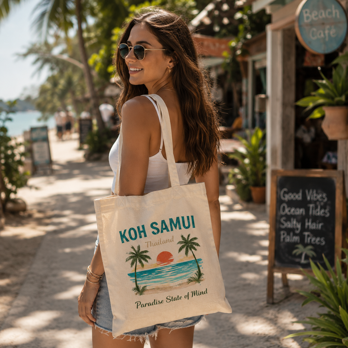 Junge Frau trägt eine Bio Stofftasche mit Koh Samui Thailand Motiv auf einer tropischen Walking Street mit Palmen, Cafés und Urlaubsatmosphäre.