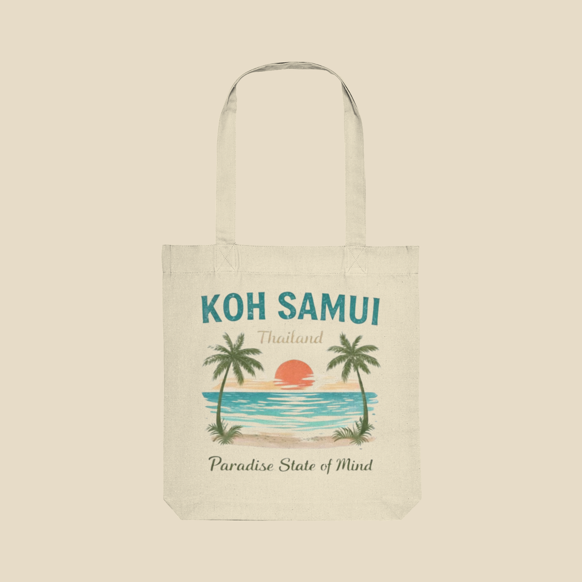 Bio Stofftasche in Natur mit Koh Samui Thailand Motiv auf der Vorderseite vor hellem Hintergrund.