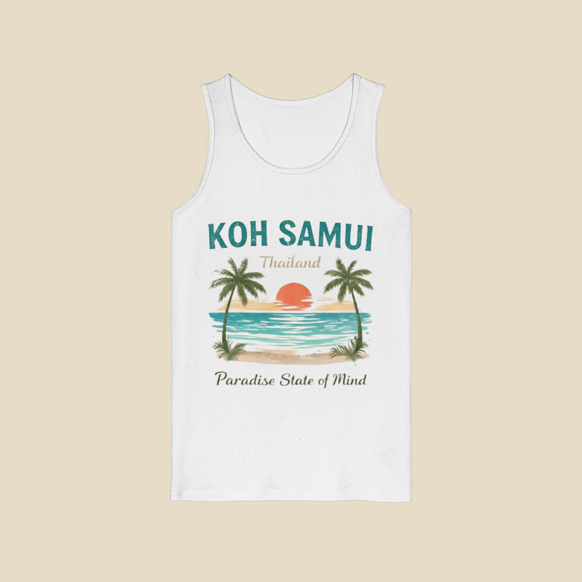 Weißes Tanktop mit Koh Samui Thailand Motiv und Paradise State of Mind Schriftzug als Clean Mockup auf hellem Hintergrund – leichtes Sommer Tanktop aus Bio-Baumwolle.
