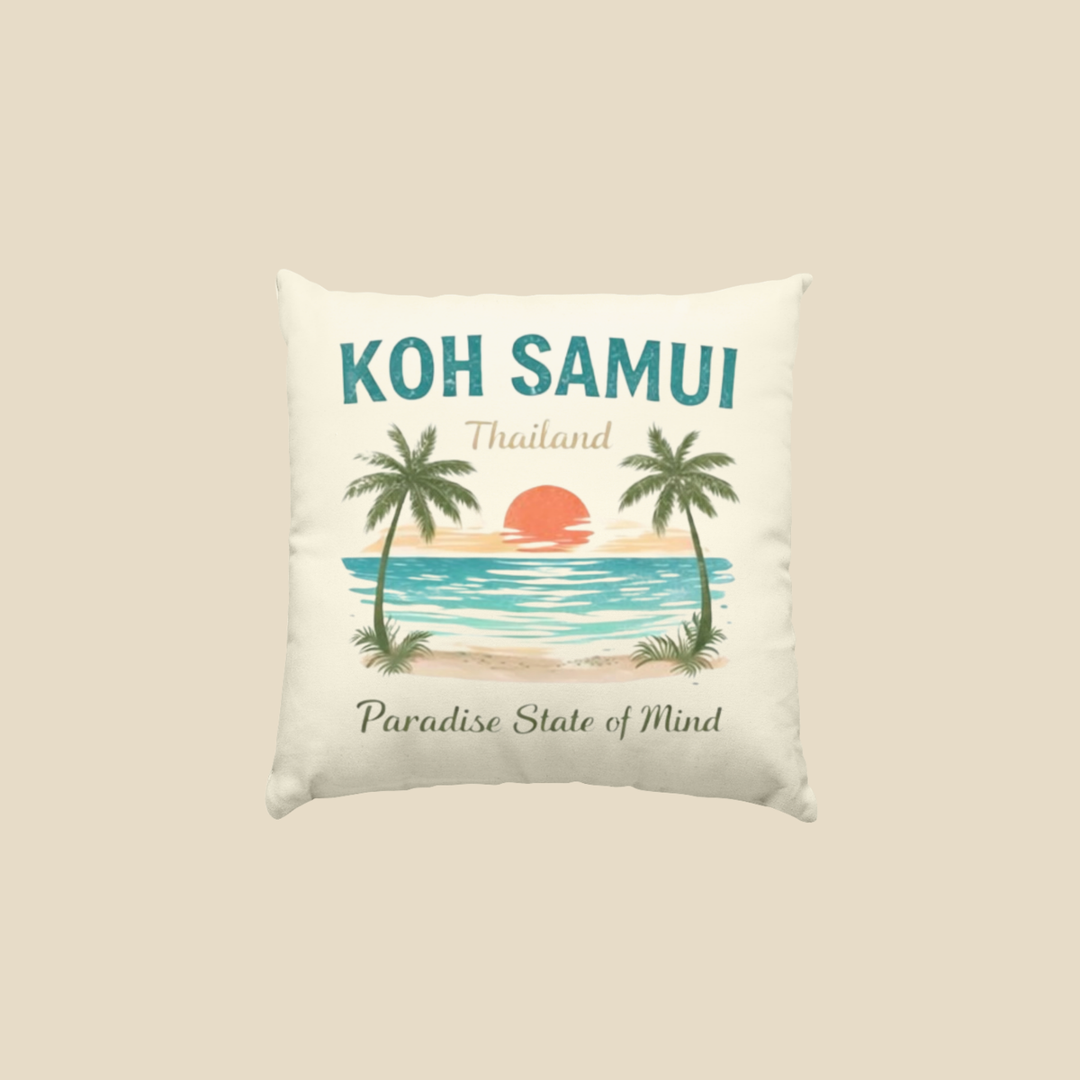 Dekokissen mit Koh Samui Thailand Motiv vor hellem Hintergrund.