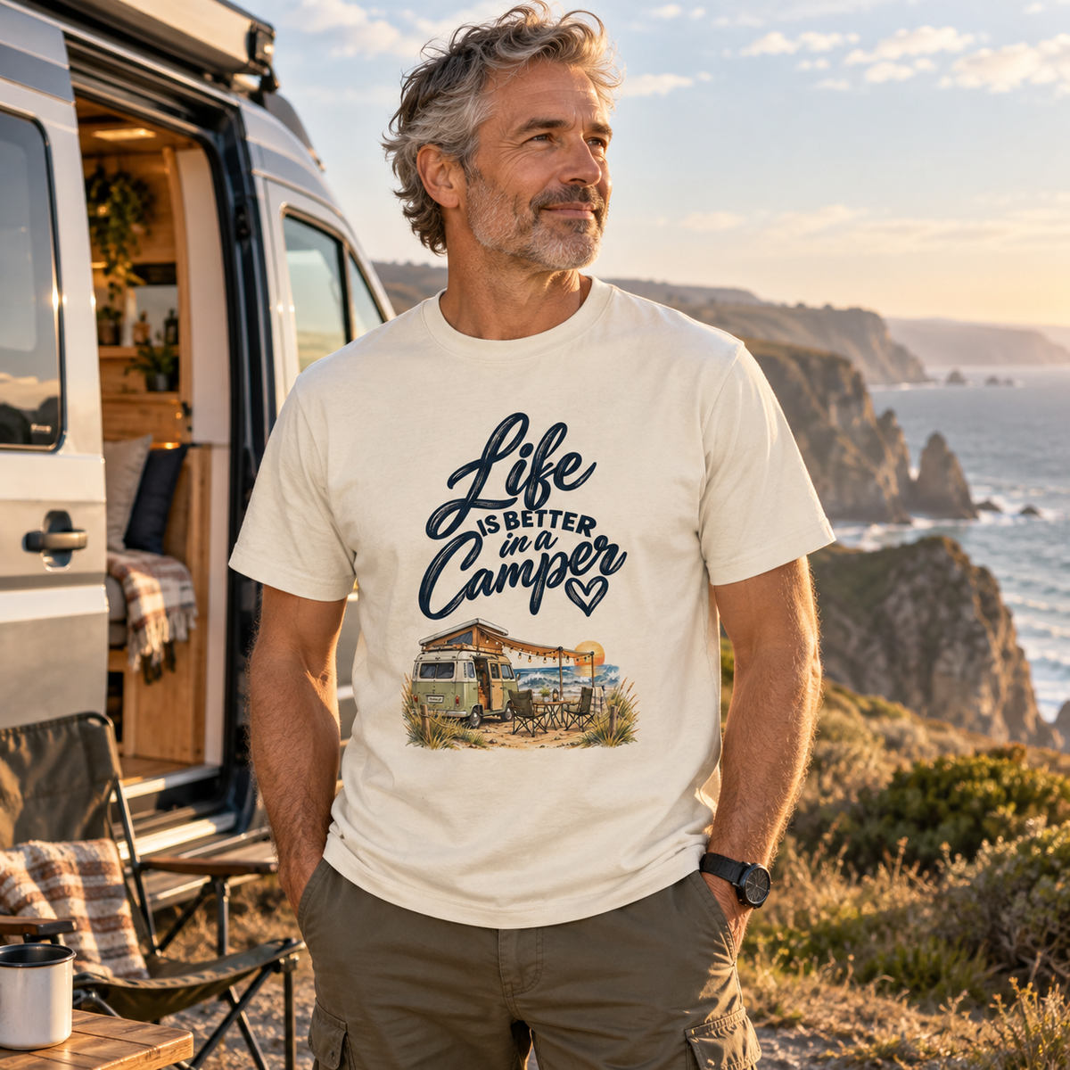 Mann im naturfarbenen Bio-Heavy-Shirt mit Camper-Motiv an einem rauen Küstenstellplatz