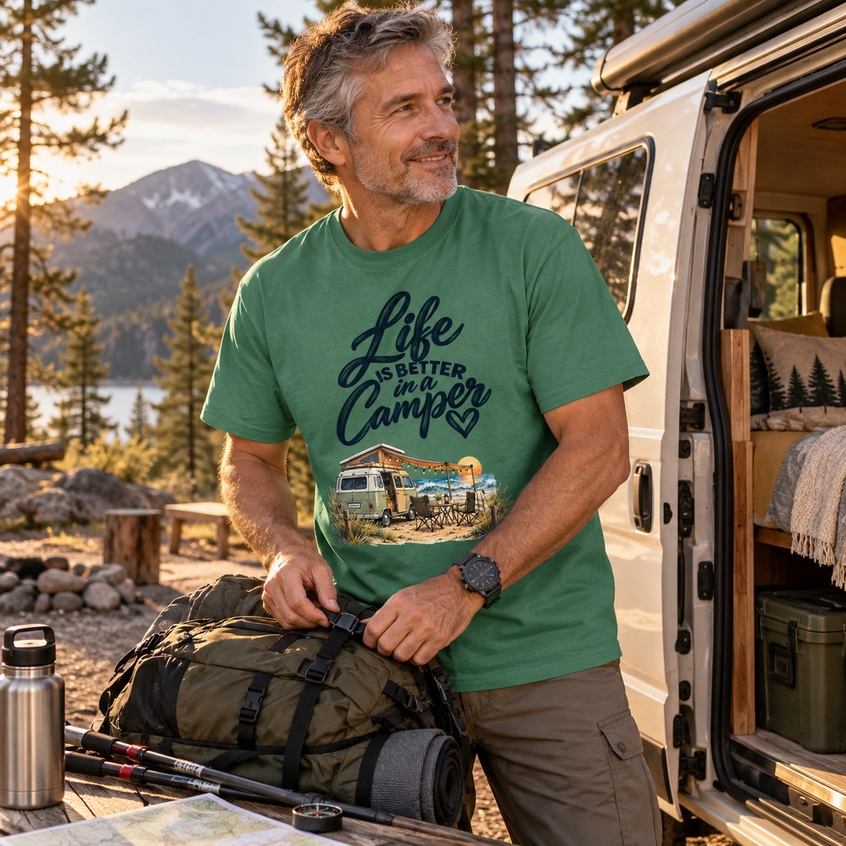 Bio Heavy Shirt in Green Bay mit Life is better in a Camper Motiv am Berg-Campingplatz im Kiefernwald