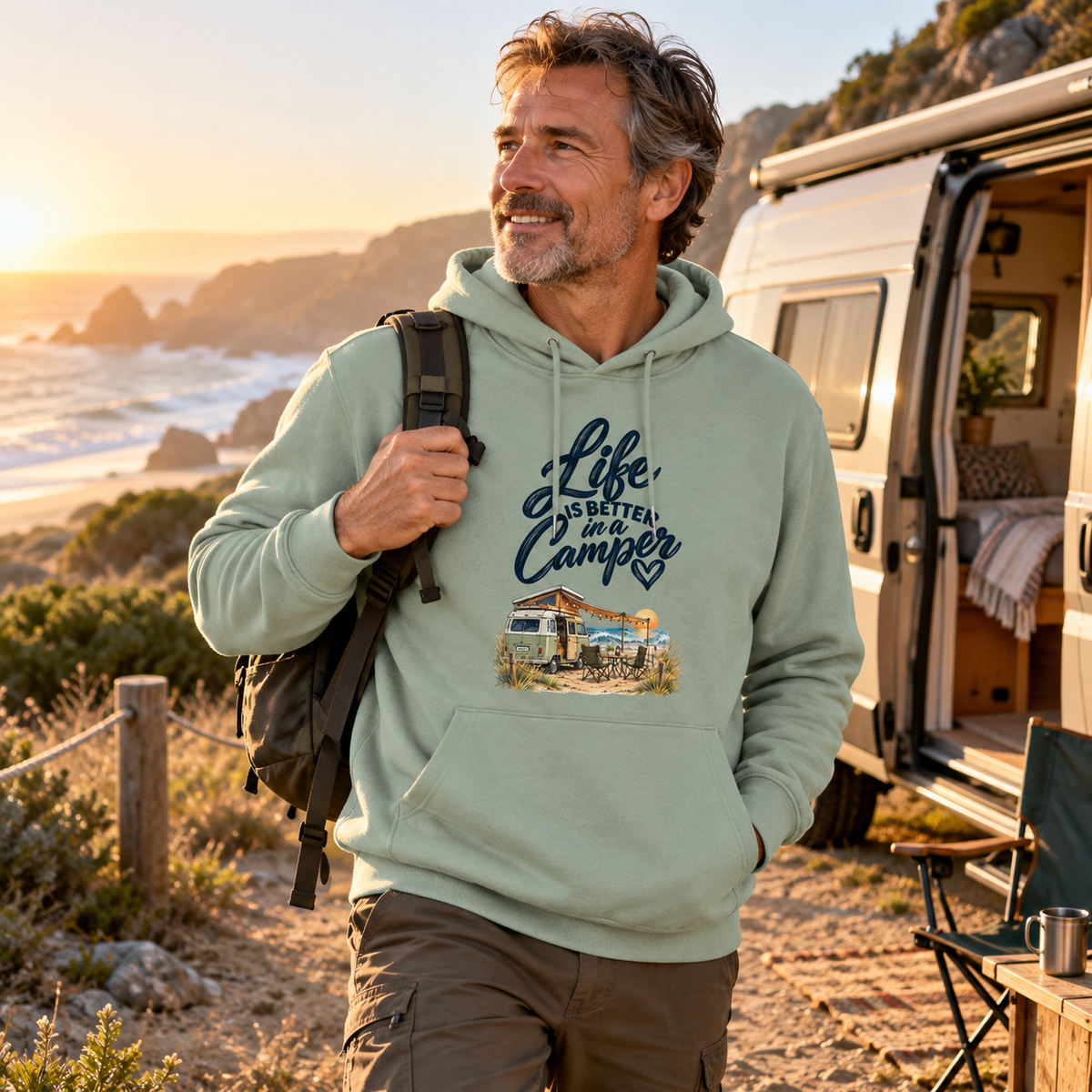 Mann im Aloe Bio-Hoodie mit Camper-Motiv auf einem sonnigen Küsten-Campingplatz