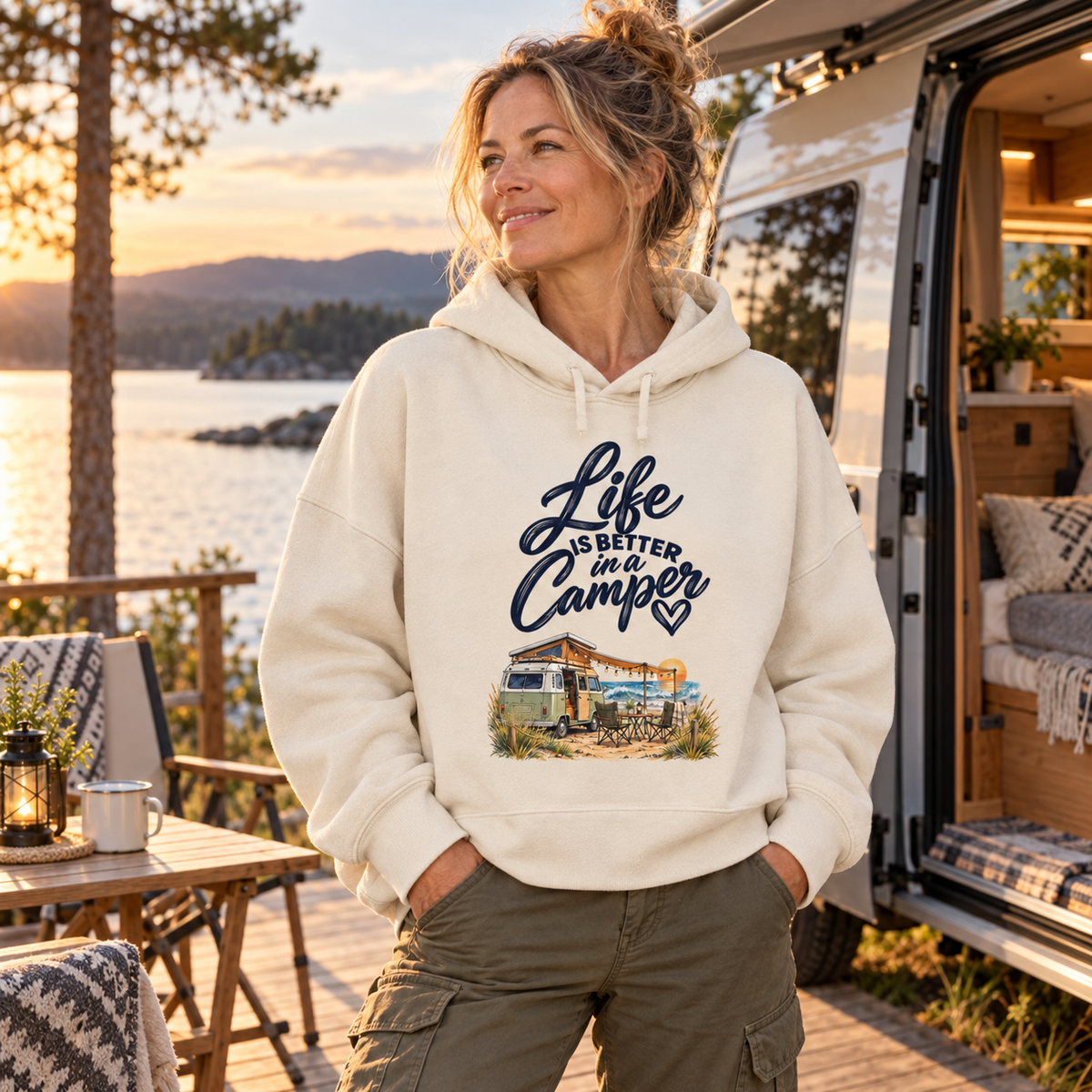 Frau im Damen Bio-Boxcut-Hoodie mit Camper-Motiv am skandinavischen See