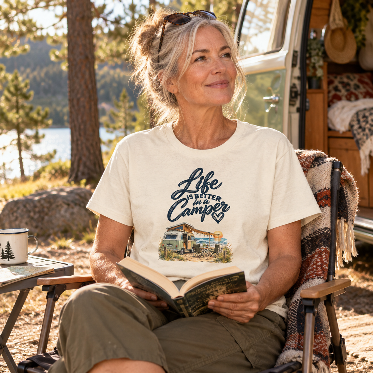 Frau im naturfarbenen Damen Bio-Shirt mit Camper-Motiv beim Lesen auf einem Waldcampingplatz
