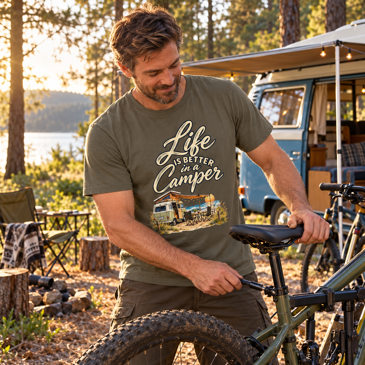 Bio T-Shirt in Khaki mit Life is better in a Camper Dark Edition beim Fahrrad-Roadtrip im Wald