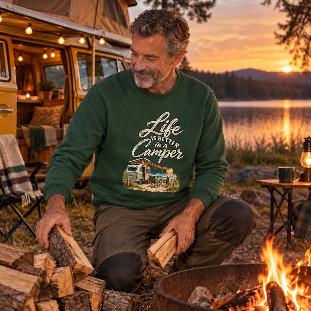 Bio Unisex Sweatshirt in Bottle Green mit Camper-Motiv beim Camping am See