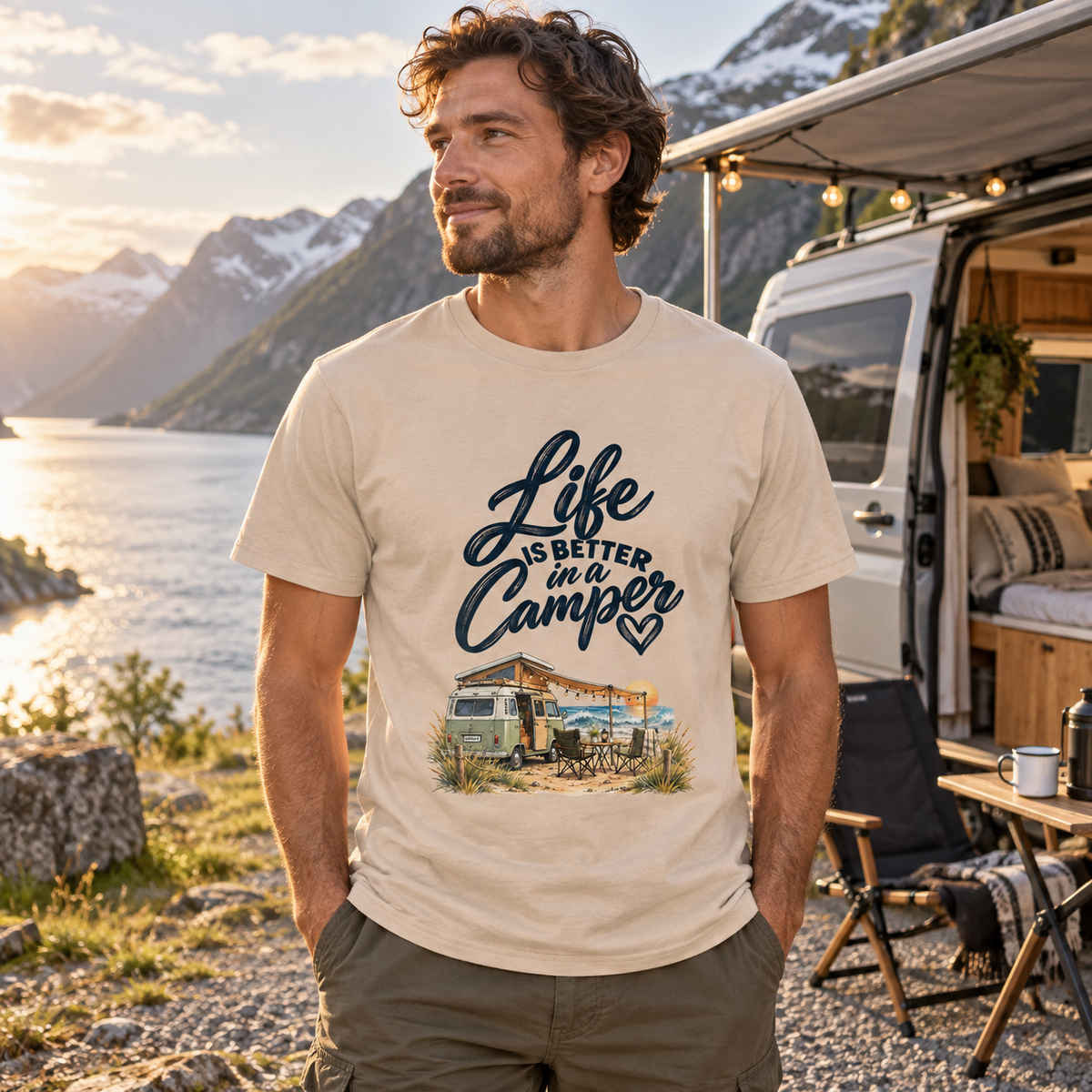 Mann im naturfarbenen Essential T-Shirt mit Camper-Motiv bei einem skandinavischen Fjord-Roadtrip