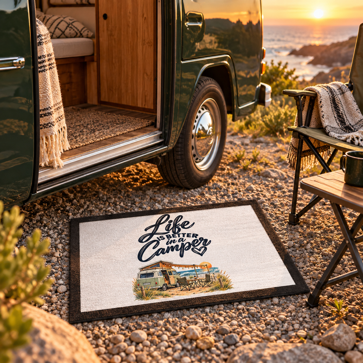Camper-Fußmatte mit Life-is-better-in-a-Camper-Motiv vor grünem Vintage-Camper an der Küste