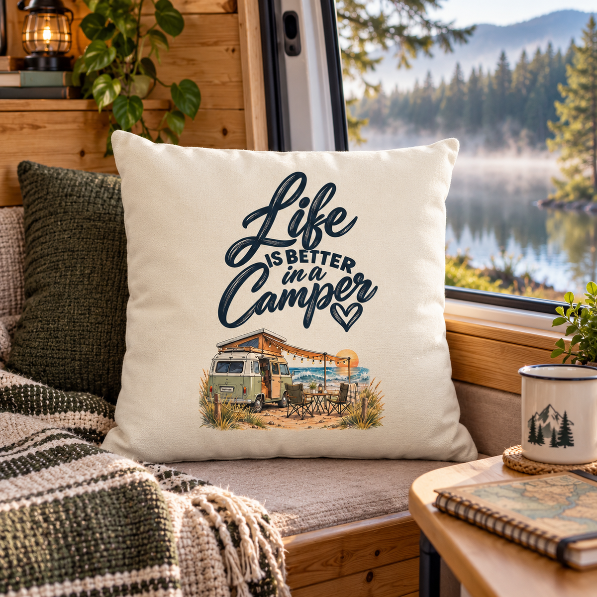 Naturfarbenes Camper-Kissen mit Life-is-better-in-a-Camper-Motiv im Camper am Waldsee