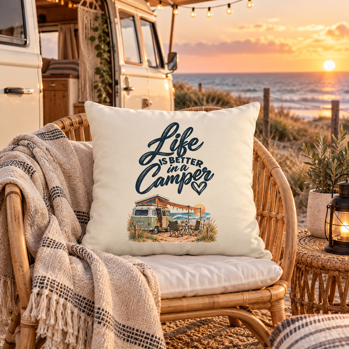 Naturfarbenes Camper-Kissen mit Life-is-better-in-a-Camper-Motiv vor Vintage-Camper in Küstendünen