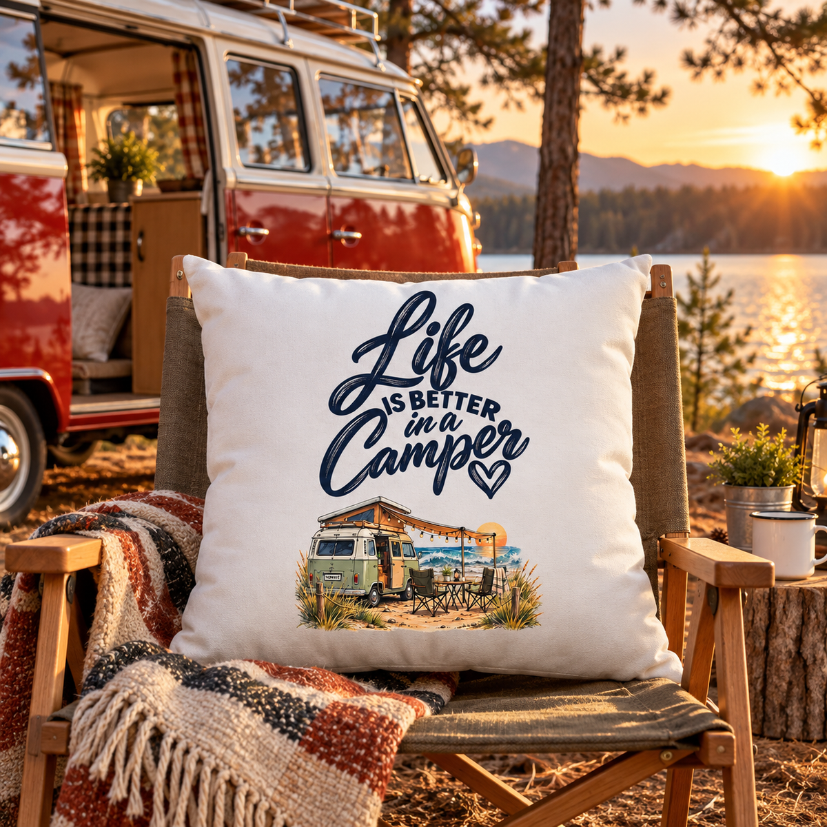 Weißes Camper-Kissen mit Life-is-better-in-a-Camper-Motiv vor rot-weißem Vintage-Camper am See