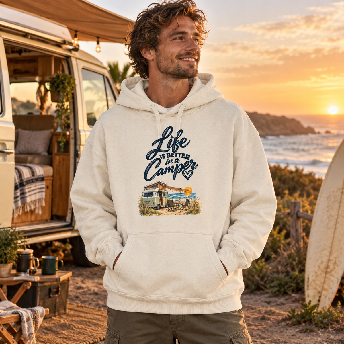 Mann im Bio-Oversize-Hoodie mit Camper-Motiv am Surf-Campingplatz bei Sonnenuntergang