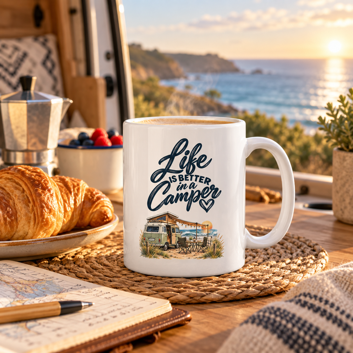Camper-Tasse mit Life-is-better-in-a-Camper-Motiv beim Frühstück mit Meerblick