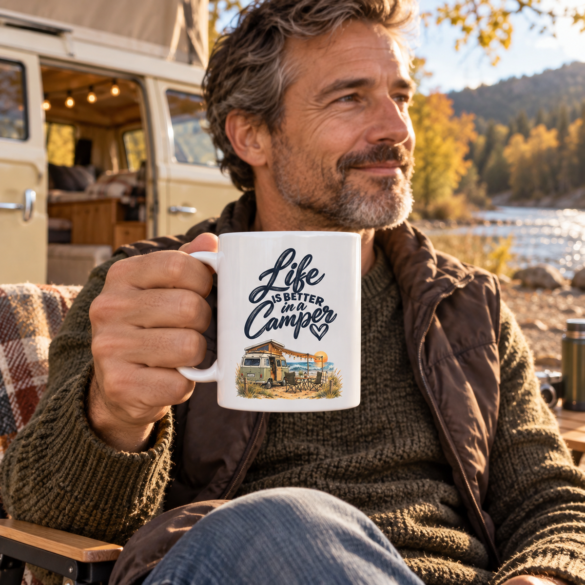 Camper-Tasse mit Life-is-better-in-a-Camper-Motiv beim Camping am Fluss mit einem Reisenden