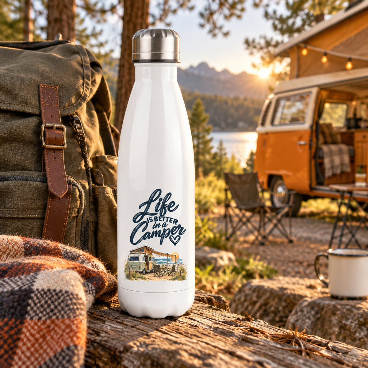 Weiße Thermoflasche mit Life-is-better-in-a-Camper-Motiv beim Wald-Roadtrip vor orangem Vintage-Camper