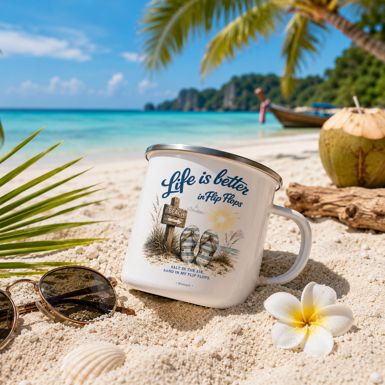 Nomavé Camping-Emaillebecher „Life is Better in Flip Flops“ an einem tropischen Strand in Thailand mit türkisfarbenem Meer, Palmen und Longtailboot – perfekter Reise- und Beach-Lifestyle.
