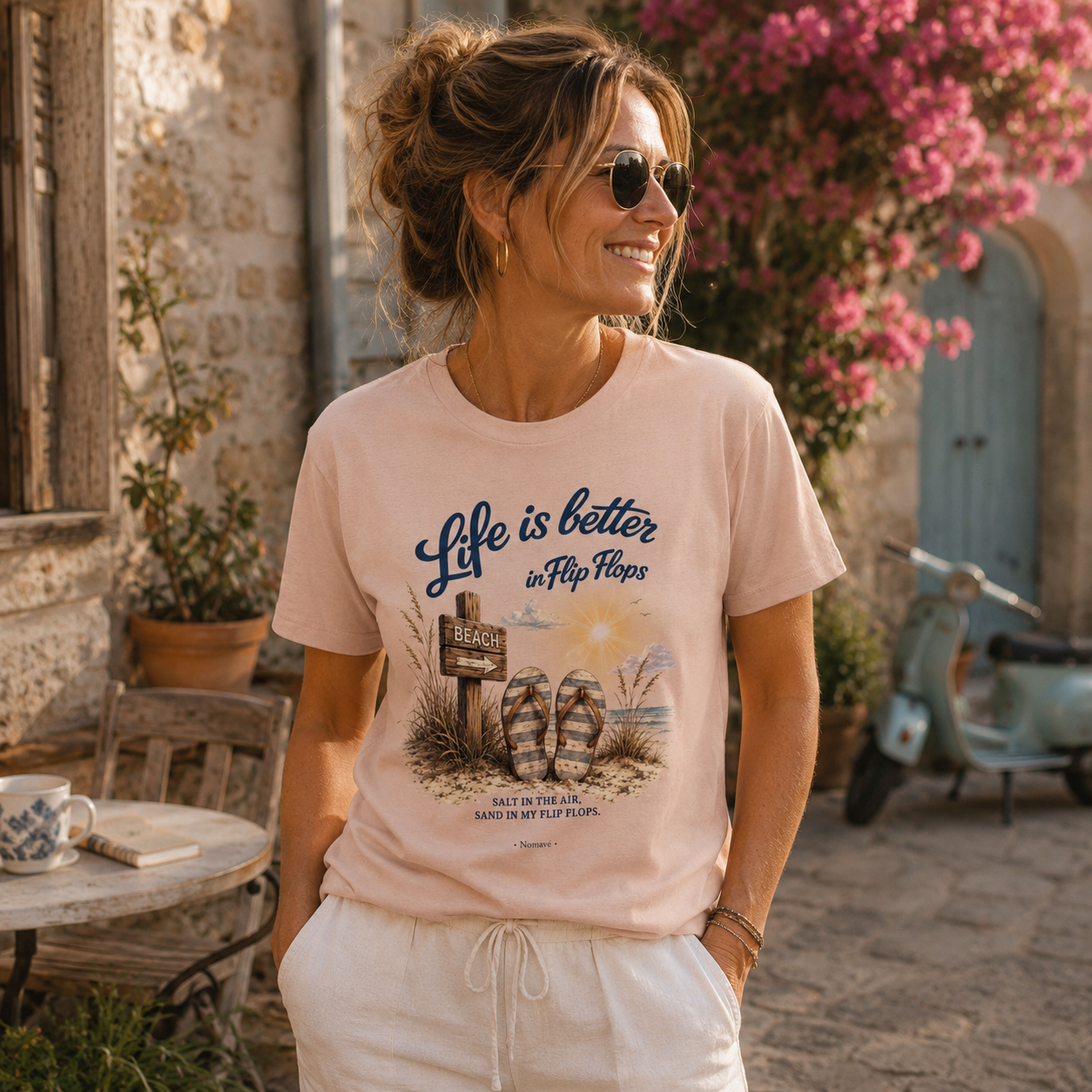 Junge Frau trägt rosa T-Shirt „Life is Better in Flip Flops“ in einer mediterranen Altstadt mit blühender Bougainvillea und Vintage-Roller