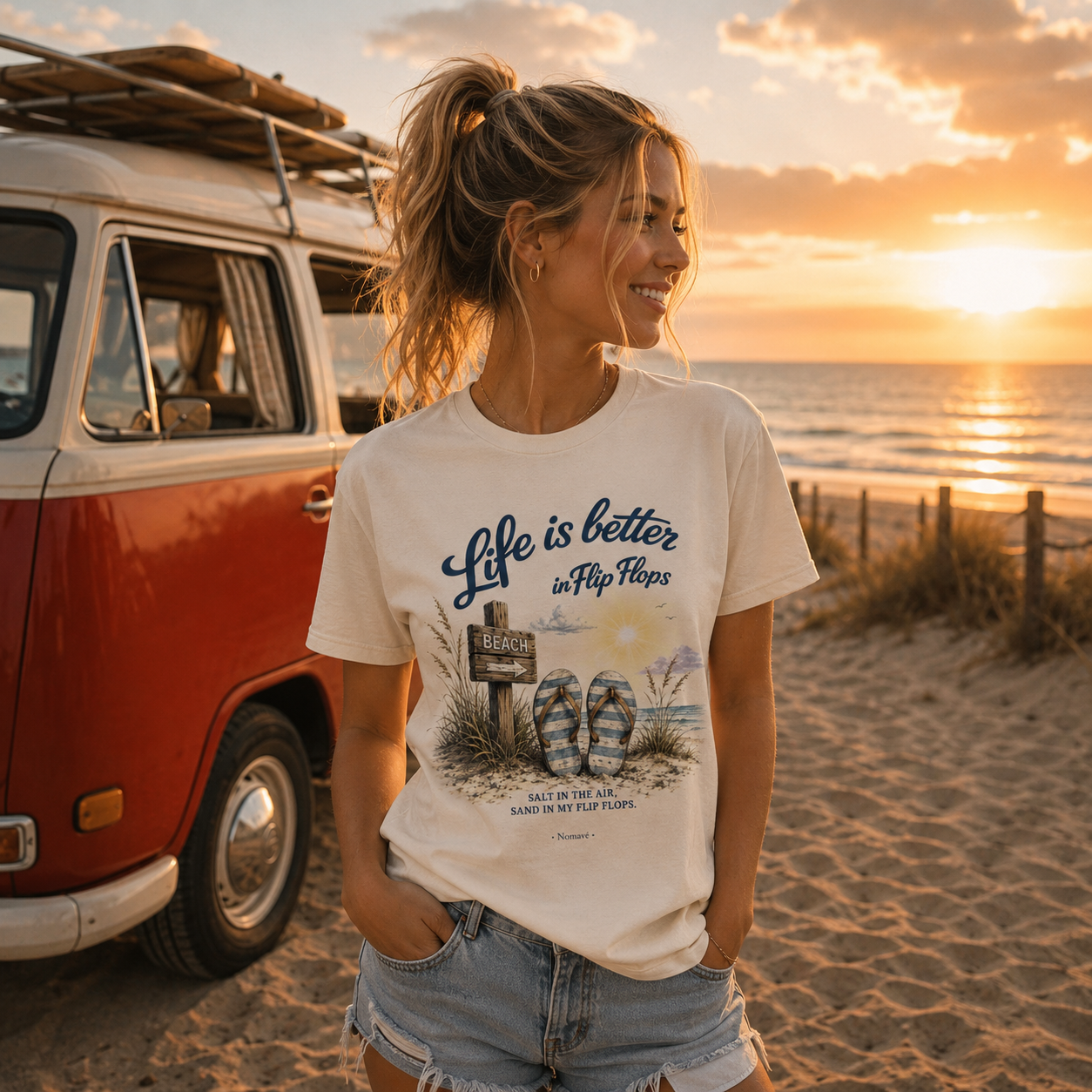 Junge Frau trägt cremefarbenes T-Shirt „Life is Better in Flip Flops“ am Ostseestrand vor einem VW Bulli bei Sonnenuntergang