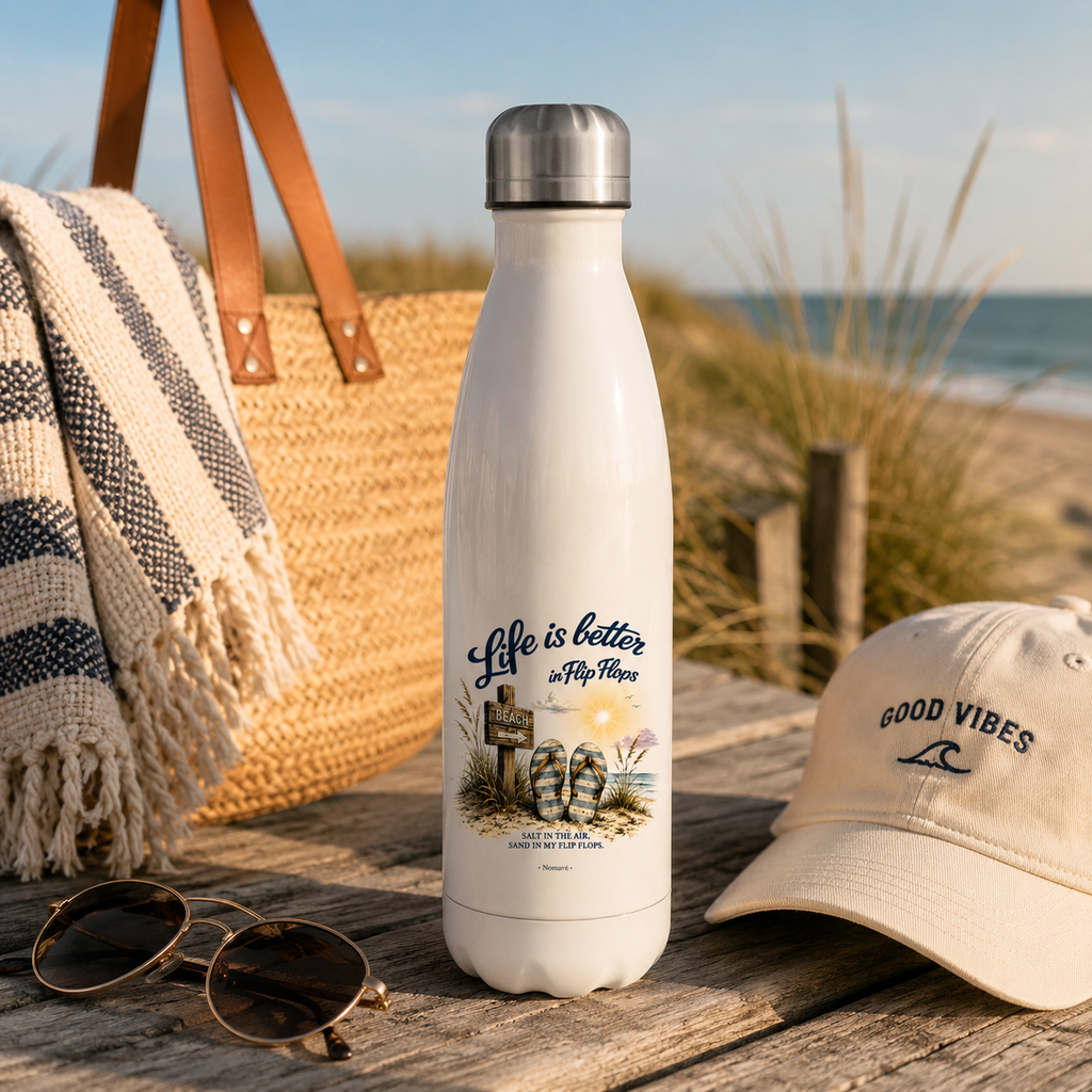 Nomavé Edelstahl-Trinkflasche „Life is Better in Flip Flops“ auf einem Holztisch an der Ostseeküste mit Strandtasche, Sonnenbrille und Cap – maritimes Lifestyle-Bild im warmen Morgenlicht.