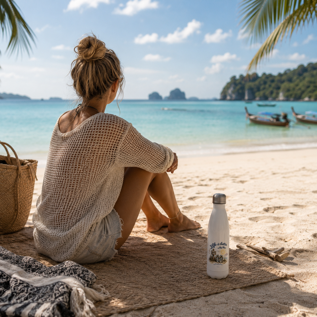 Nomavé Edelstahl-Trinkflasche „Life is Better in Flip Flops“ am tropischen Strand in Thailand. Eine Frau sitzt entspannt im Sand und blickt auf das türkisfarbene Meer, während die Trinkflasche im Vordergrund das maritime Motiv präsentiert.
