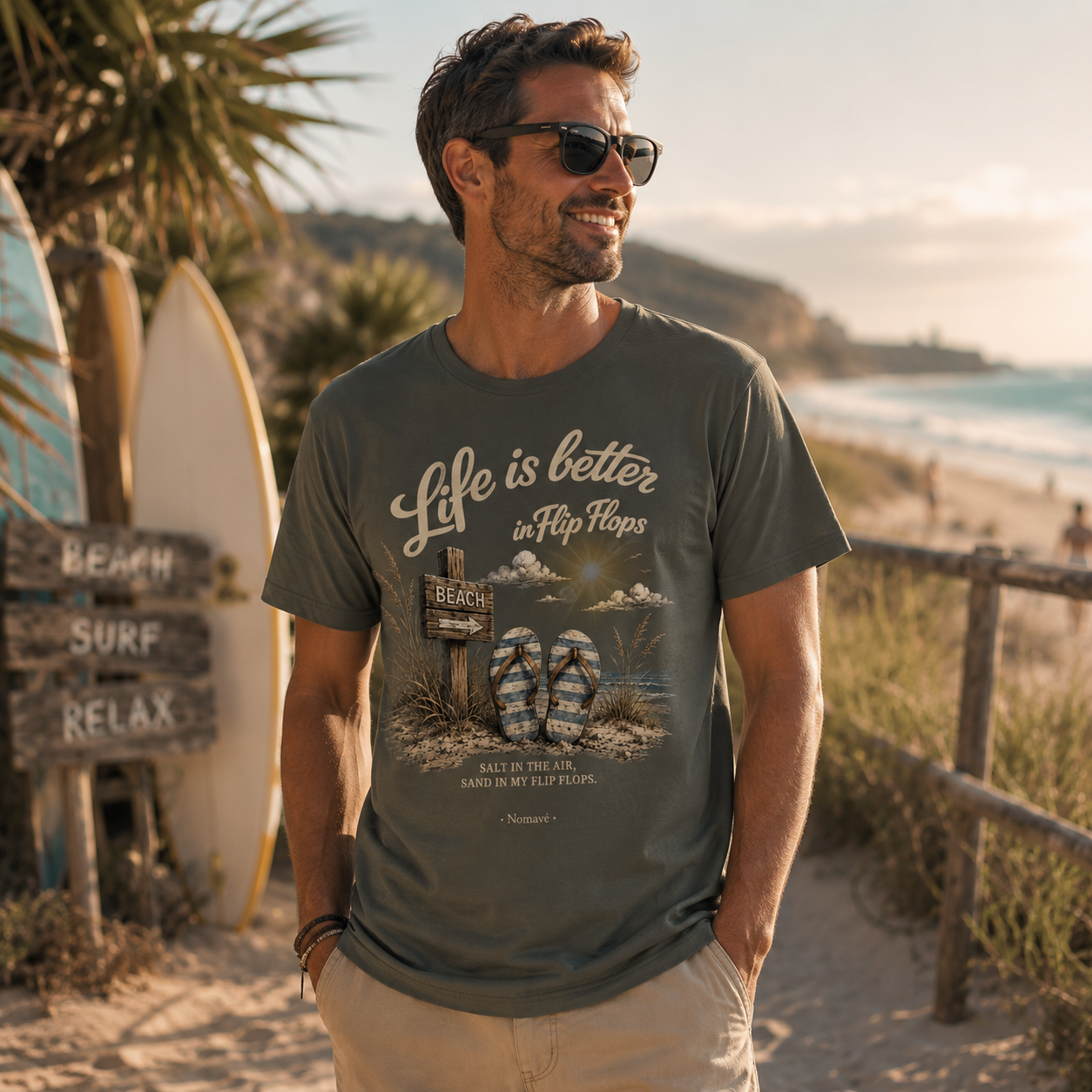 Mann trägt das dunkelgrüne Bio T-Shirt „Life is better in Flip Flops – Dark Edition“ von Nomavé an einem sonnigen Strand mit Dünen und Meer im Hintergrund.