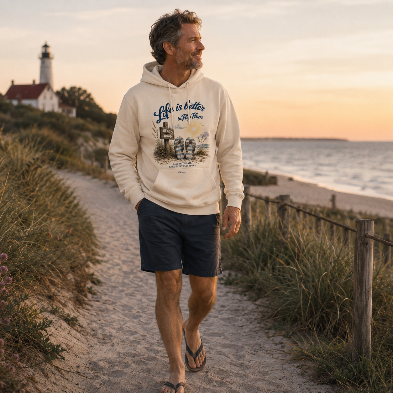 Mann trägt cremefarbenen Hoodie „Life is Better in Flip Flops“ und spaziert in Flip-Flops auf einem Dünenweg am Strand mit Leuchtturm bei Sonnenuntergang.