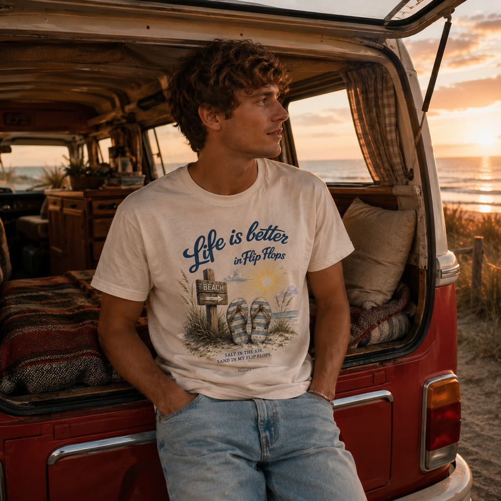 Junger Mann trägt cremefarbenes T-Shirt „Life is Better in Flip Flops“ und sitzt im geöffneten VW Bulli am Ostseestrand bei Sonnenuntergang.