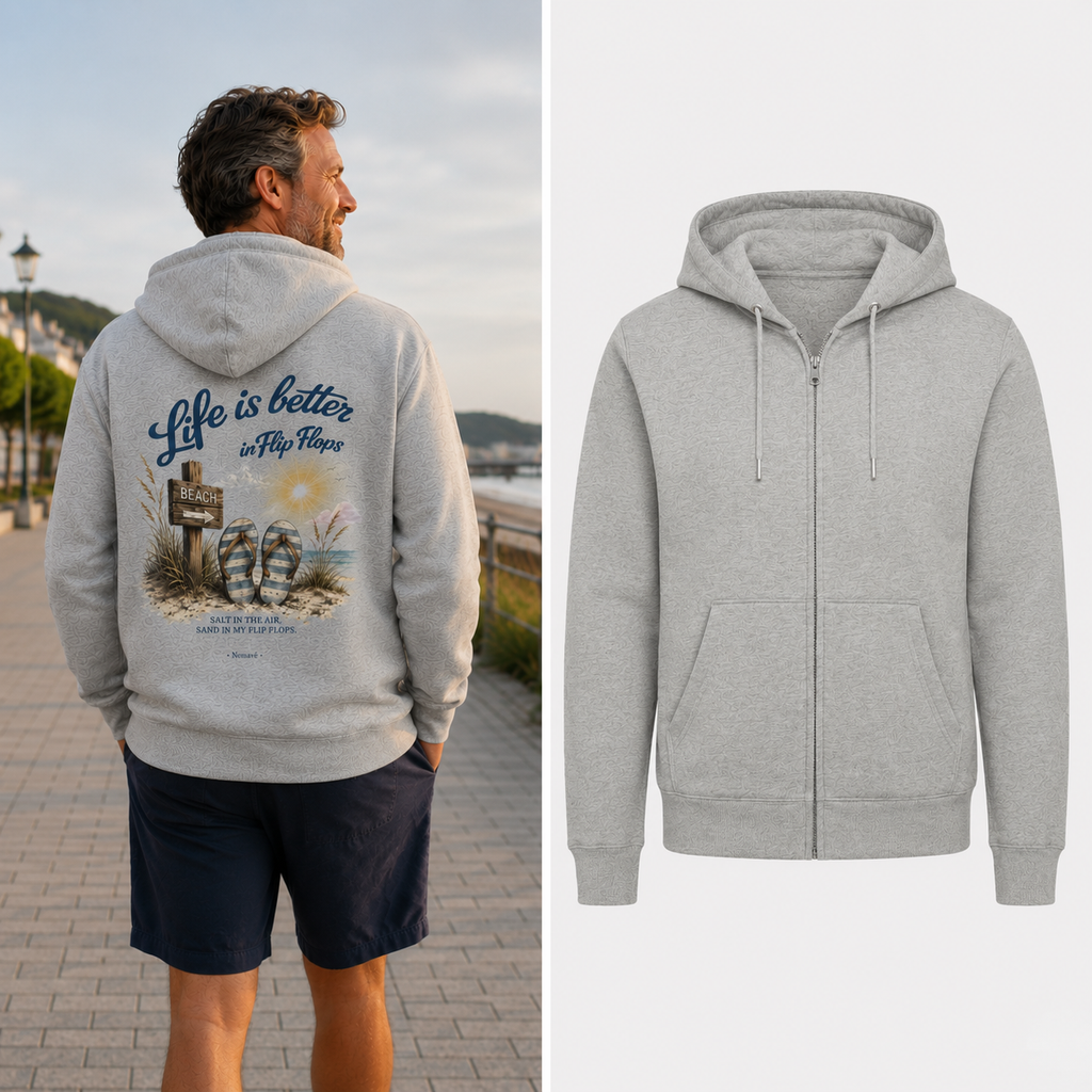 Nomavé Herren Kapuzenjacke mit Reißverschluss in Hellgrau und großem Rückenmotiv „Life is Better in Flip Flops“ sowie separater Vorderansicht ohne Druck.
