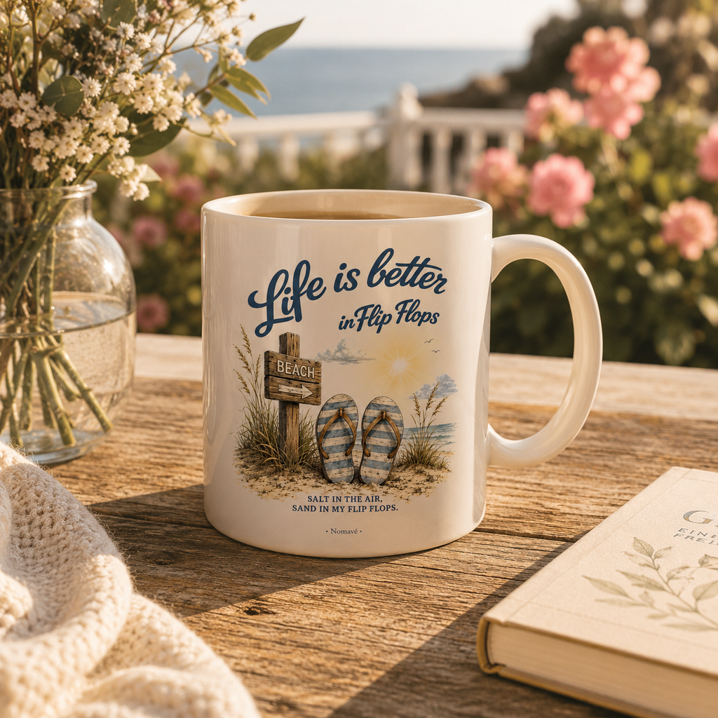 Nomavé Keramiktasse „Life is Better in Flip Flops“ auf einem Holztisch im blühenden Küstengarten mit Meerblick im warmen Morgenlicht – maritimer Lifestyle zum Kaffee oder Tee.