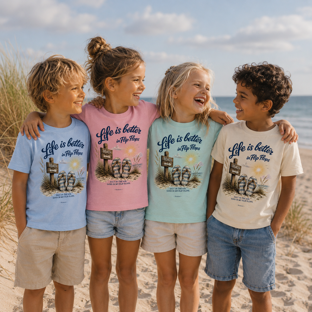Vier Kinder tragen die Nomavé Kinder-T-Shirts „Life is Better in Flip Flops“ in verschiedenen Farben und stehen lachend gemeinsam am Ostseestrand im goldenen Morgenlicht.